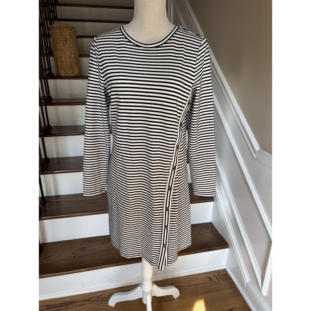 LOFT Black White Striped Long Sleeve Shift Dress Asymmetrical Button Sz S Beach